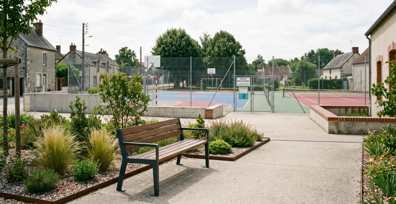 Banc public contemporain en métal et bois entouré de végétation basse, en bordure d'un terrain multisports avec revêtement coloré visible en arrière-plan, cadre municipal français