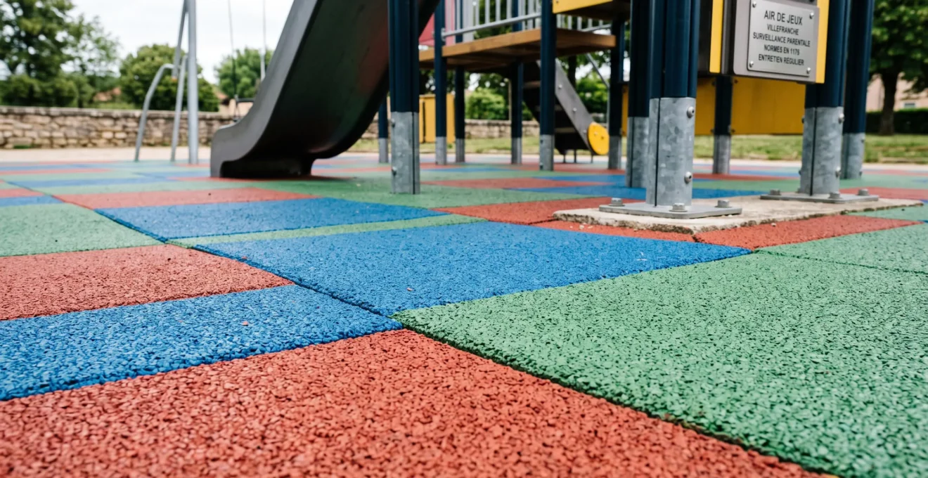 Gros plan sur dalles de sol amortissant en caoutchouc coloré (rouge, bleu, vert) installées sous structure de jeux pour enfants, texture grain visible, arrière-plan avec base d'équipement certifié