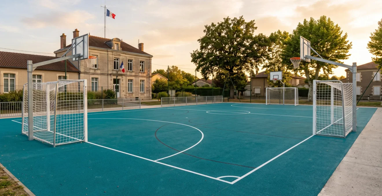 Terrain multisports extérieur avec revêtement synthétique bleu-vert, buts de football et paniers de basket installés, lumière de fin de journée, cadre municipal français avec arbres et bâtiments en arrière-plan