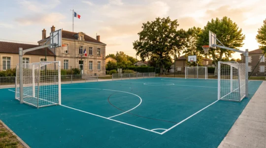 Terrain multisports extérieur avec revêtement synthétique bleu-vert, buts de football et paniers de basket installés, lumière de fin de journée, cadre municipal français avec arbres et bâtiments en arrière-plan